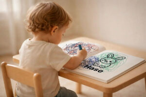 Kleinkind sitzt am Tisch und kritzelt in ein Motiv im Kritzel-Malbuch – erste Mal- und Kritzelversuche