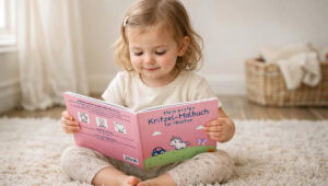 Kleinkind-Mädchen sitzt auf dem Teppich und schaut in Mein erstes Kritzel-Malbuch für Mädchen – Malbuch ab 1–3 Jahren