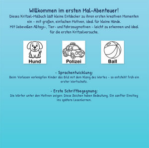 Innenseite des Kritzel-Malbuchs für Jungen mit einfachen Motiven und Text zur Sprachentwicklung und ersten Schriftbegegnungen