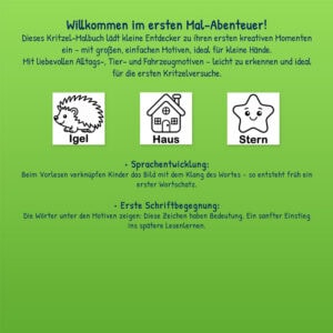 Rückseite des Kritzel-Malbuchs mit Beispielmotiven und Informationen zur Sprach- und Frühförderung