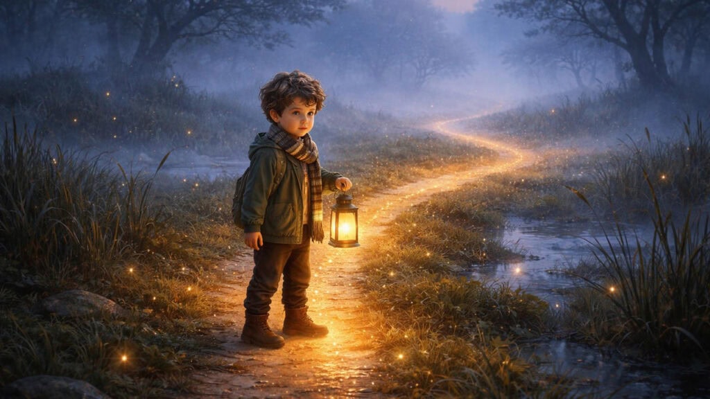Aron und Ben stehen im nebligen Moor zwischen schimmernden Lichtern – Leuchtender Pfad im Moor – Kindergeschichte Moorlichter.