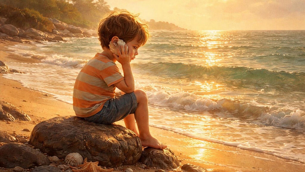 Simon steht am ruhigen Strand und hält eine Muschel ans Ohr – Simon am stillen Muschelstrand – Gute Nacht Geschichte für Kinder.