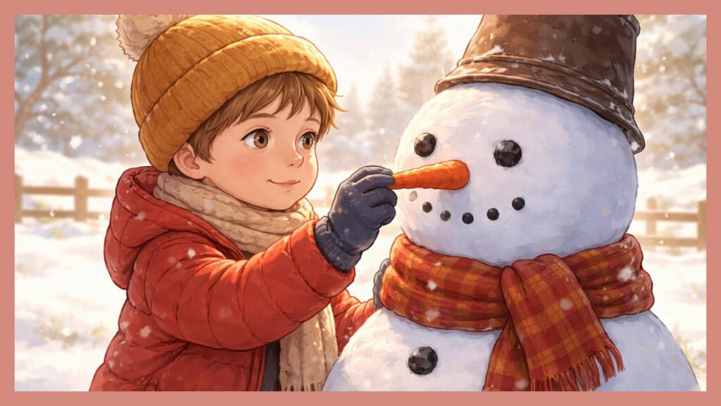 Ein Kind baut auf einer verschneiten Wiese einen Schneemann mit Besen und Eimer – Der Schneemann am Zaun – Fantasiereise für Kinder zum Malen.