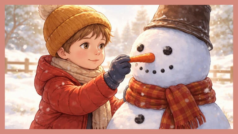 Ein Kind baut auf einer verschneiten Wiese einen Schneemann mit Besen und Eimer – Der Schneemann am Zaun – Fantasiereise für Kinder zum Malen.