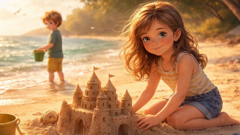 Mila kniet neben einer frisch gebauten Sandburg am Strand – Mila und die Burg im Sommerwind.