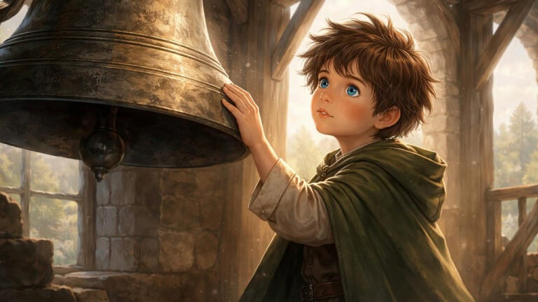 Timo steht in der stillen Glockenstube mit der Hand an der alten Glocke – Timo und die Glocke im Morgenwind.