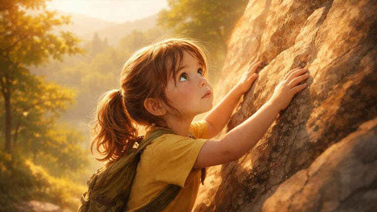 Alva klettert vorsichtig einen warmen Felsen hinauf und schaut konzentriert nach oben – Alva und der leise Weg nach oben – Abenteuergeschichte für Kinder.