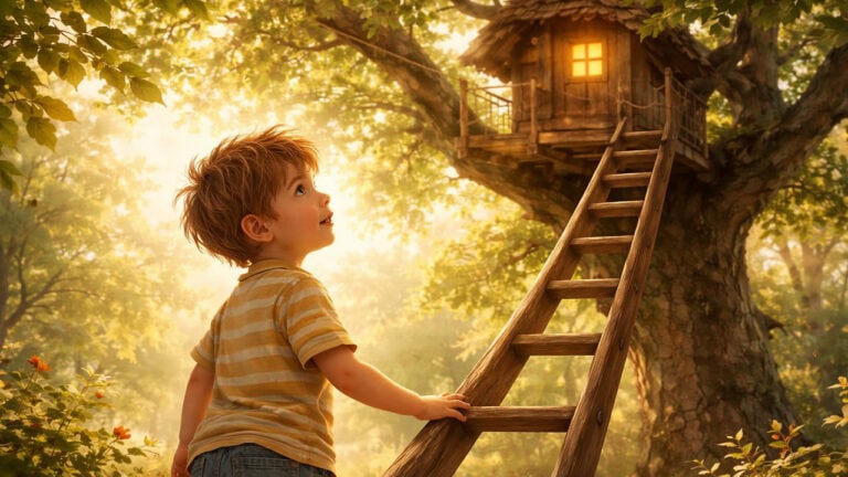 Ein Kind steht vor der Leiter zu einem Baumhaus im sonnigen Garten – Das Baumhaus im Garten – Fantasiereise für Kinder zum Malen.