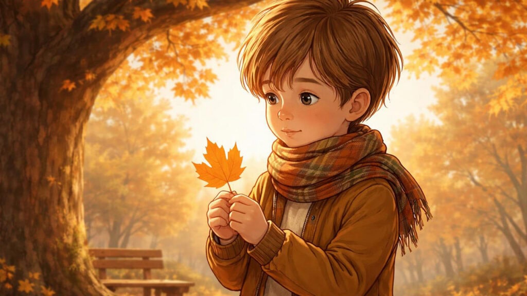 Ein Kind steht unter einem großen Ahornbaum und hält ein Blatt in der Hand – Der Ahornbaum im Herbstwind – Fantasiereise für Kinder zum Malen.