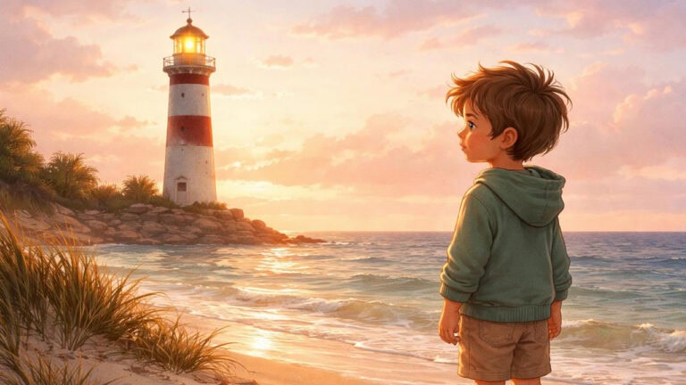 Ein Kind steht am stillen Strand vor einem kleinen Leuchtturm im Morgenlicht – Der kleine Leuchtturm