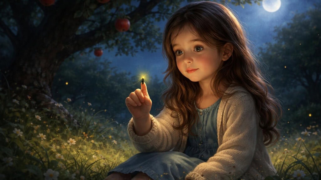 Lara sitzt nachts im Garten unter einem Apfelbaum, während ein kleiner leuchtender Käfer auf ihrer Hand landet Lara und der leuchtende Mondkäfer Einschlafgeschichte für Kinder