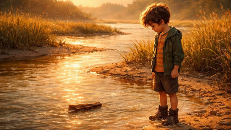 Leo steht im Abendlicht zwischen Schilf und Wasserarmen des Deltas – Leo und der Weg im Flussdelta – Kindergeschichte zum Anhören