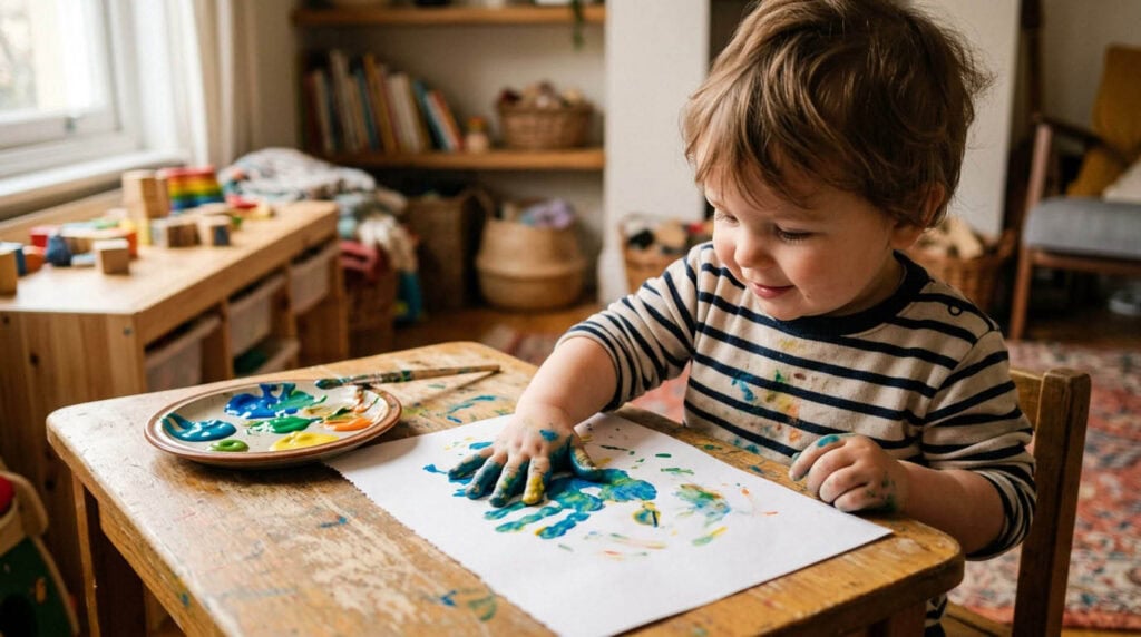 Kleinkind macht einen bunten Handabdruck mit Fingerfarbe auf Papier