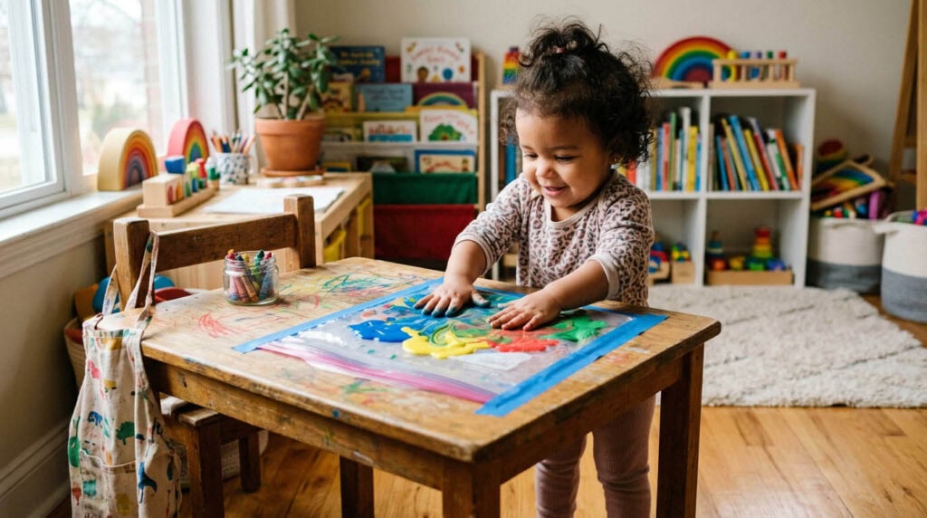 Kleinkind verteilt Fingerfarbe in einem verschlossenen Plastikbeutel