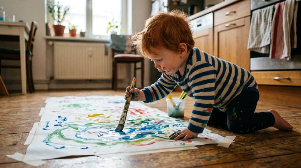 Kleinkind malt mit großem Pinsel und Wasserfarben auf Papier