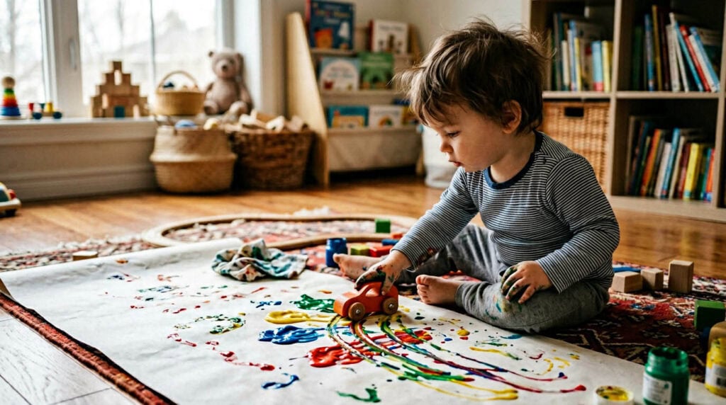 Kleinkind fährt ein Spielzeugauto durch Farbe über Papier