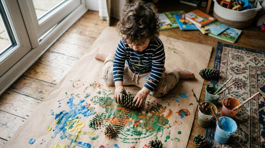 Zweijähriges Kind rollt einen Tannenzapfen durch Farbe auf Papier