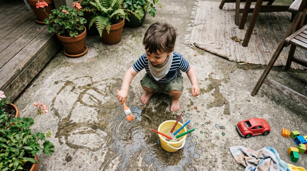 Kleinkind (2 Jahre) malt mit Wasser und Pinsel auf Steinboden