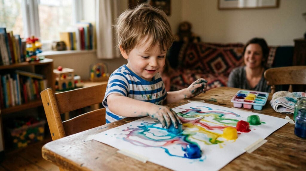 Kind (3 Jahre) zieht mit einer Zahnbürste Farbe über Papier und erzeugt feine Linien