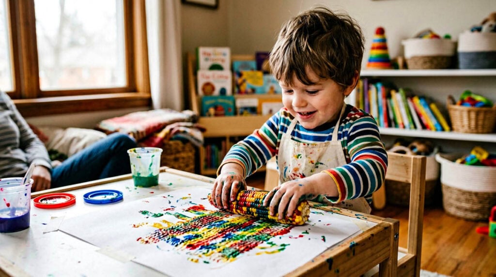 Dreijähriges Kind stempelt mit einer Küchenrolle Kreise auf Papier