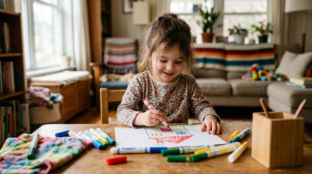 malideen-kinder-ab-4-jahre-haus-zeichnen-filzstifte Malideen für Kinder ab 4 Jahre – vierjähriges Kind malt ein Haus mit Filzstiften am Tisch