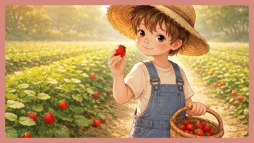 Ein Kind mit Strohhut hält eine rote Erdbeere am sonnigen Feldrand – Das leise Erdbeerfeld – Fantasiereise für Kinder zum Malen.
