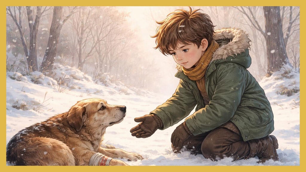 Matti kniet im Schnee vor einem verletzten Hund im Obstgarten – Matti und die Spur im Frost.
