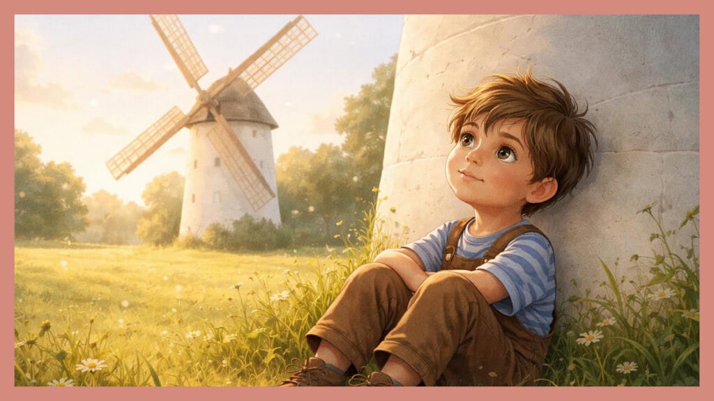 Ein Kind sitzt im Gras neben einer Windmühle im Morgenlicht – Die Mühle hinter dem Hügel – Fantasiereise für Kinder zum Malen.