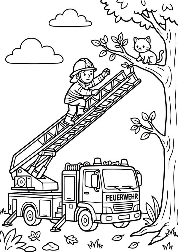 Mein Malbuch Feuerwehr & Polizei Drehleiterwagen Kostenloses Ausmalbild aus Mein Malbuch Feuerwehr & Polizei mit Feuerwehrmann auf einer Drehleiter und Katze im Baum