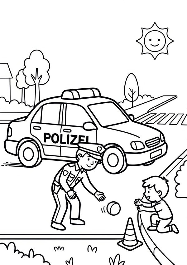 Mein Malbuch Feuerwehr & Polizei Polizeiauto Kostenloses Ausmalbild aus Mein Malbuch Feuerwehr & Polizei mit Polizeiauto und Polizistin, die einem Kind hilft