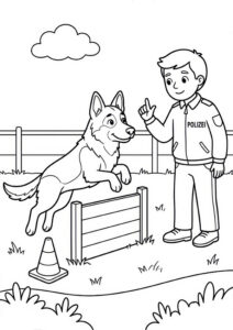 Mein Malbuch Feuerwehr & Polizei Polizeihund Kostenloses Ausmalbild aus Mein Malbuch Feuerwehr & Polizei mit Polizeihund beim Training und einem freundlichen Polizisten