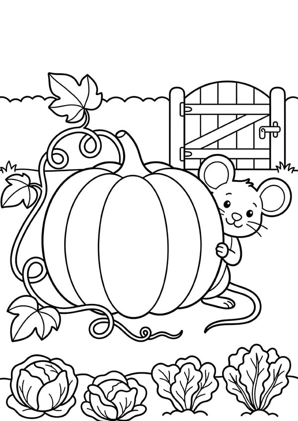 Ausmalbild Bauernhof Maus mit Kürbis von 3-5 Jahren