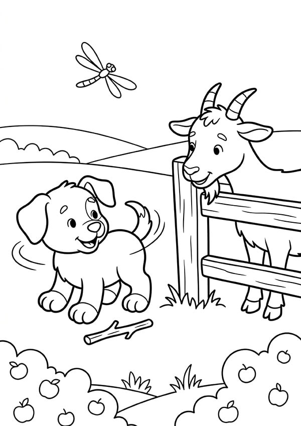 Ausmalbild Bauernhof Hund und Ziege von 3-5 Jahren