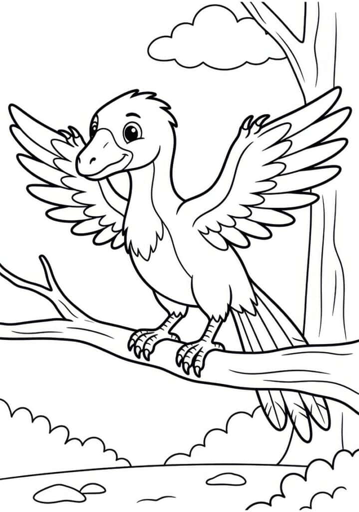 Coloriage gratuit à imprimer représentant un archéoptéryx perché sur une branche, les ailes déployées