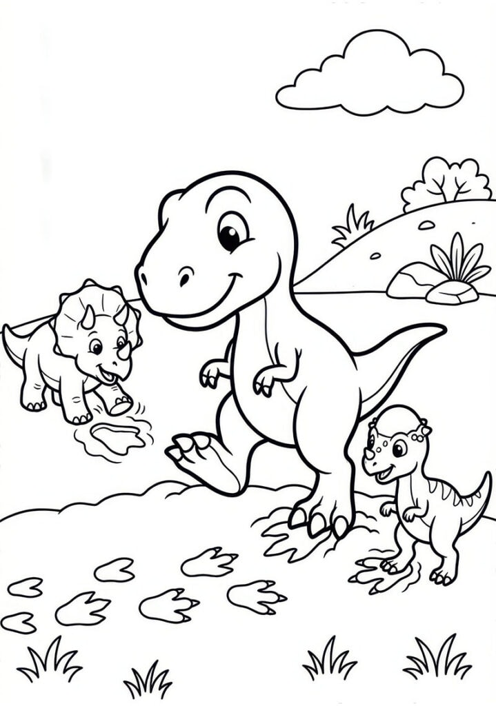 Coloriage gratuit à imprimer représentant un jeune T. rex qui marche avec deux petits dinosaures près de traces de pas et d’une flaque d’eau