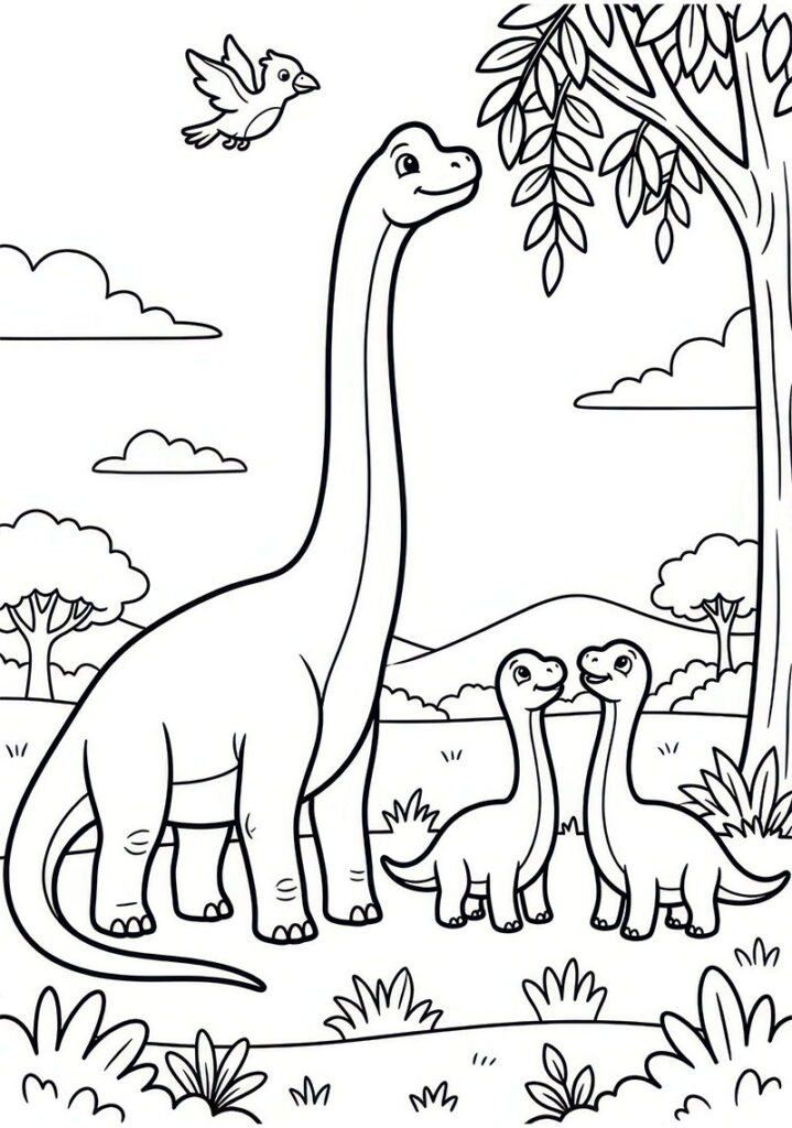 Coloriage gratuit à imprimer représentant un brachiosaure adulte avec deux jeunes brachiosaures dans un paysage préhistorique