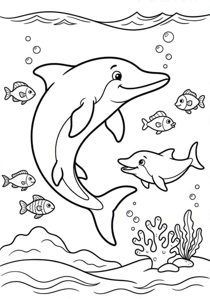 Coloriage gratuit à imprimer représentant deux ichtyosaures qui nagent sous l’eau entourés de petits poissons, de bulles et de coraux