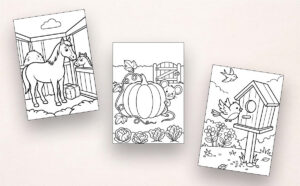 Beispiele aus dem Malbuch „Mein erstes Malbuch auf dem Bauernhof“ mit einfachen Bauernhof-Motiven für Kinder