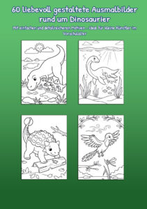 Beispielseiten aus einem Dinosaurier Malbuch mit 60 Ausmalbildern für Kinder im Vorschulalter