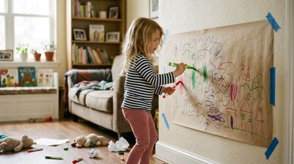 Vierjähriges Kind malt im Stehen auf ein großes Blatt, das an der Wand befestigt ist