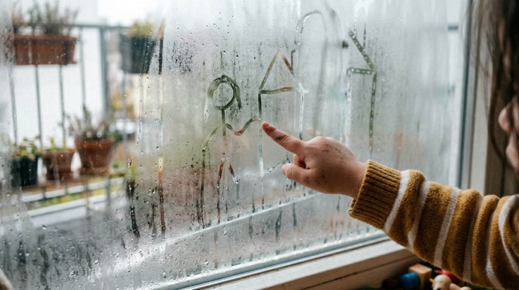 Vierjähriges Mädchen zeichnet mit dem Finger Linien auf eine beschlagene Fensterscheibe