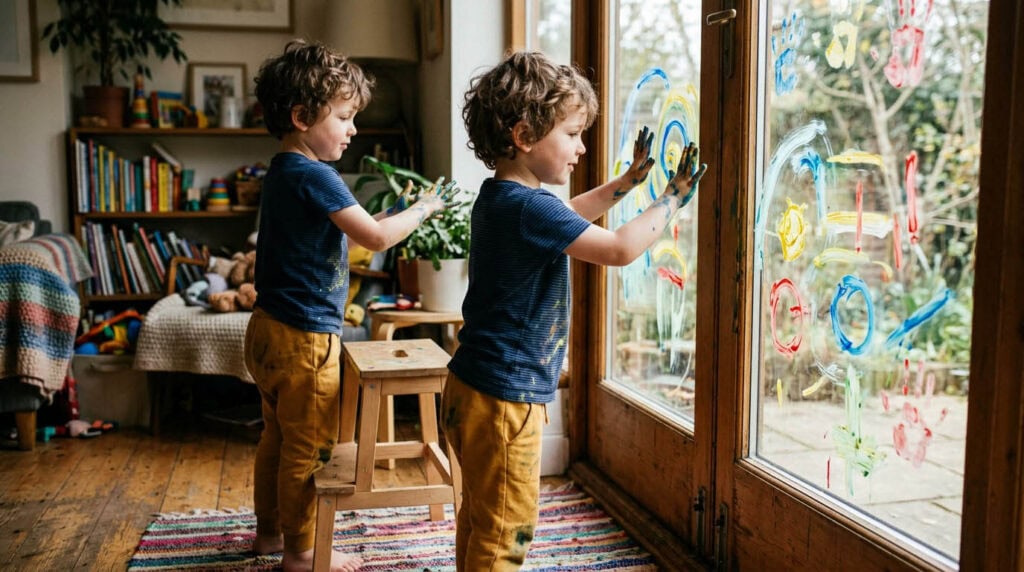malideen-kinder-ab-4-jahre-fingerfarbe-fensterscheibe-malen Kind (4 Jahre) malt mit Fingerfarbe direkt auf eine Fensterscheibe