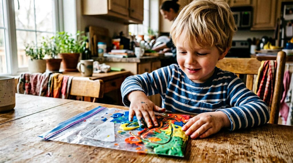 malideen-kinder-ab-4-jahre-fingerfarbe-plastikbeutel-linien Vierjähriges Kind schiebt Fingerfarbe in einem Gefrierbeutel und zieht sichtbare Linien hinein