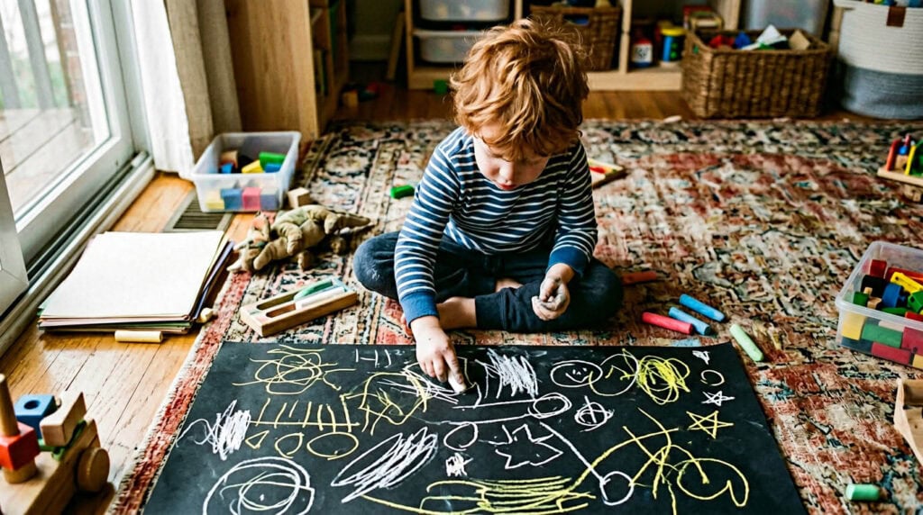 malideen-kinder-ab-4-jahre-kreide-schwarzes-papier-malen Vierjähriges Kind malt mit heller Kreide auf schwarzem Papier