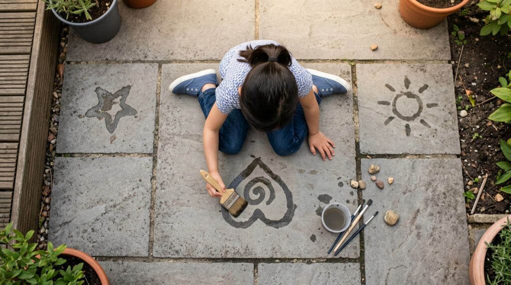 malideen-kinder-ab-4-jahre-wasser-pinsel-steinboden-draussen Vierjähriges Kind malt draußen mit Wasser und Pinsel auf Steinboden