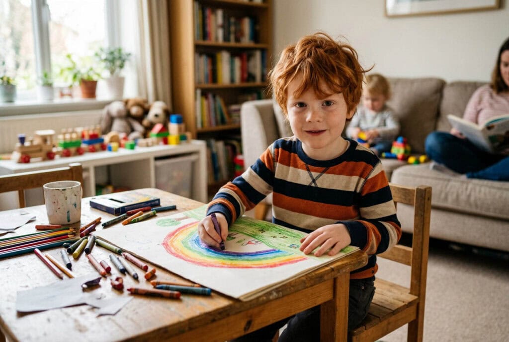 Fünfjähriger Junge malt einen Regenbogen über einer Wiese
