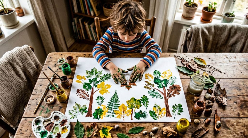 malideen-kinder-ab-6-jahre-blattabdruecke-waldszene Sechsjähriges Kind gestaltet mit Blattabdrücken eine Waldszene auf Papier