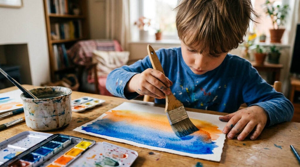 malideen-kinder-ab-6-jahre-wasserfarben-farbverlauf-himmel Kind (6 Jahre) malt mit Wasserfarben einen Himmel mit Farbverlauf von Blau zu Orange