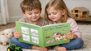 Kinder schauen gemeinsam in das Malbuch „Mein erstes Malbuch auf dem Bauernhof“ für Kinder von 3–5 Jahren