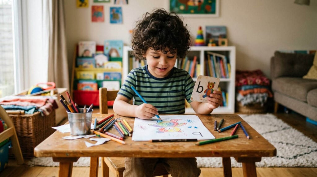 Fünfjähriger Junge zieht einen Buchstaben und malt dazu ein passendes Motiv